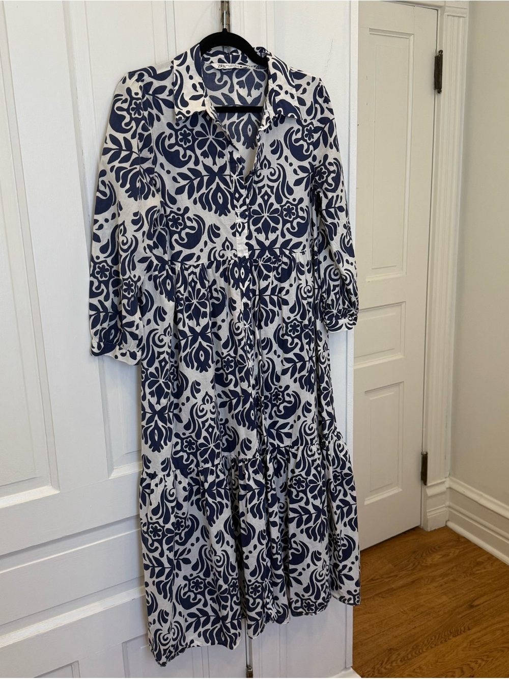 Zara Navy & White Floral Button-Front Maxi Dress